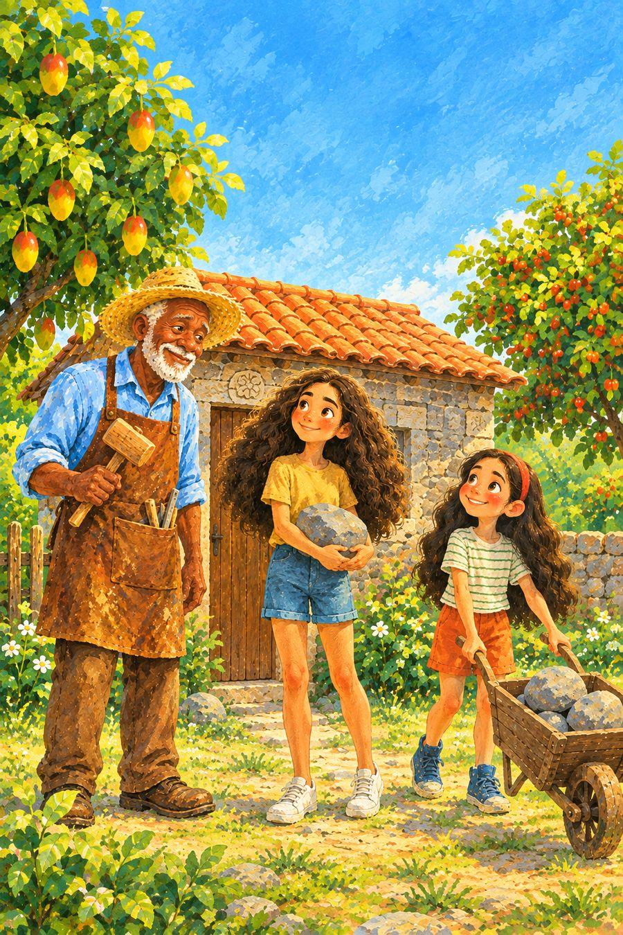 Capa do livro: Seu Benedito ao lado da casinha de pedra, com Bia carregando uma pedra e Gabi empurrando um carrinho de mão.