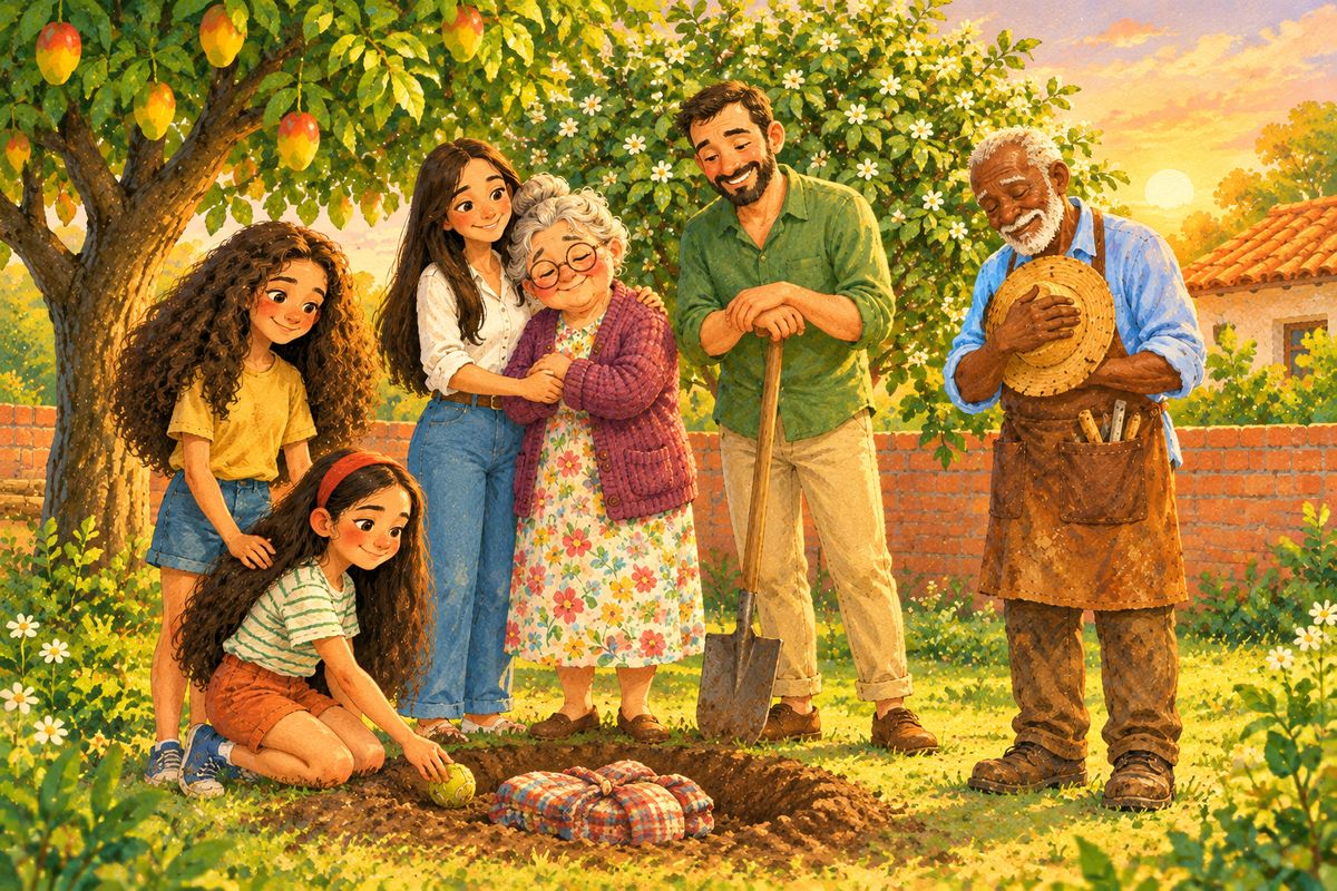 A família reunida no quintal com Seu Benedito, ao entardecer.