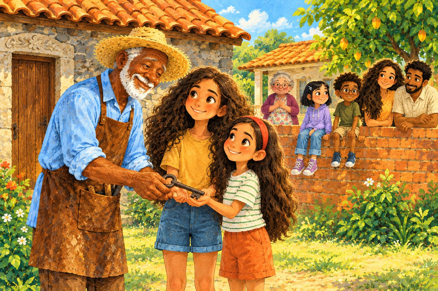 Seu Benedito, Bia e Gabi diante da casinha de pedra pronta, com a família e amigos espiando por cima do muro.