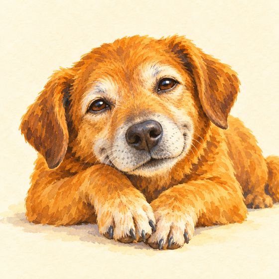 Pipoca, cachorro caramelo de focinho grisalho, deitado ao sol.